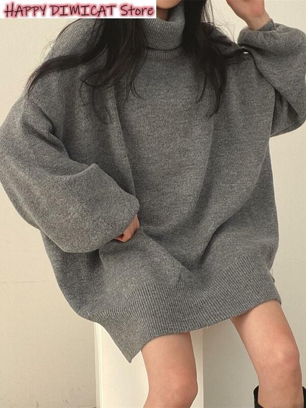 Женский вязаный пуловер с высоким воротником, Свободный Длинный Свитер оверсайз, повседневный теплый джемпер в Корейском стиле