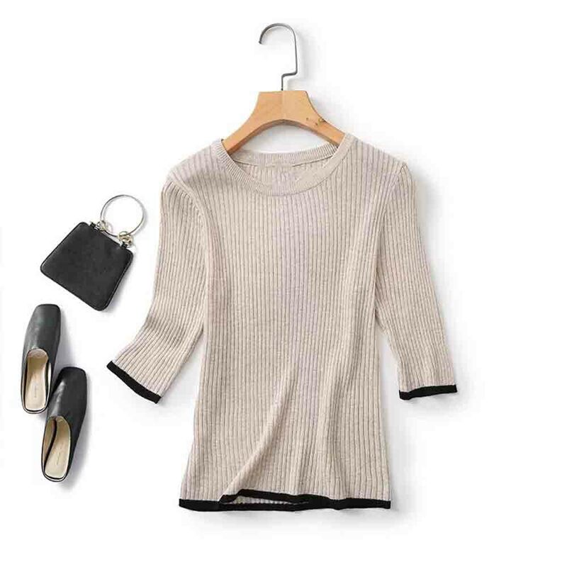 Women 2024 Spring New Fashion Rib Casual Knitted Short-sleeved Sweater Chic Round Neck Stitching All-match Top Mujer