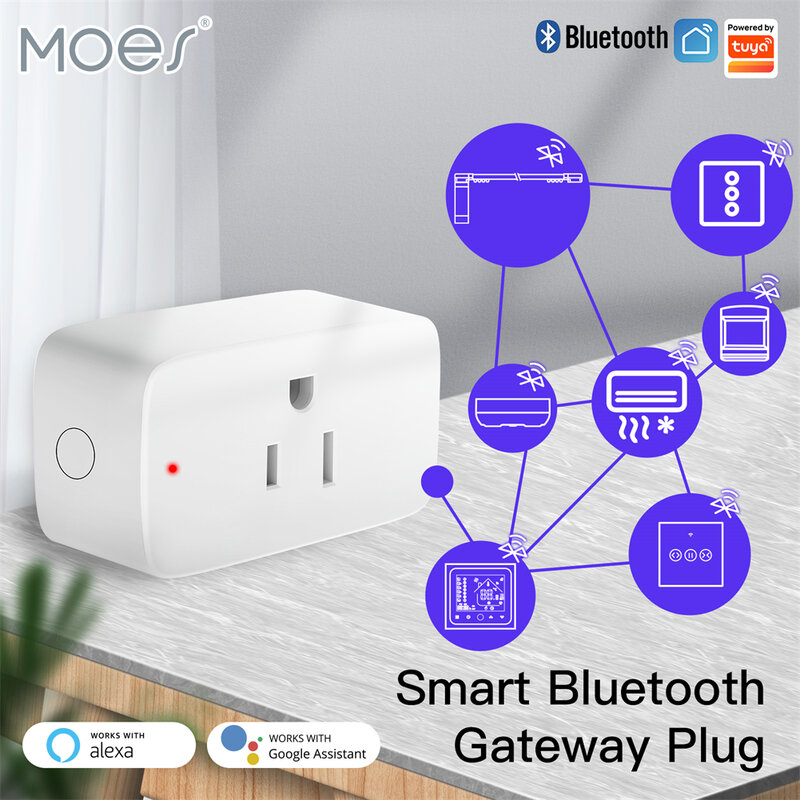 MOES-enchufe inteligente Tuya, salida WiFi, Mini salida, Bluetooth, Gateway Hub, funcionalidad, cronómetro, Compatible con Alexa, Google Home, 15A, EE. UU.