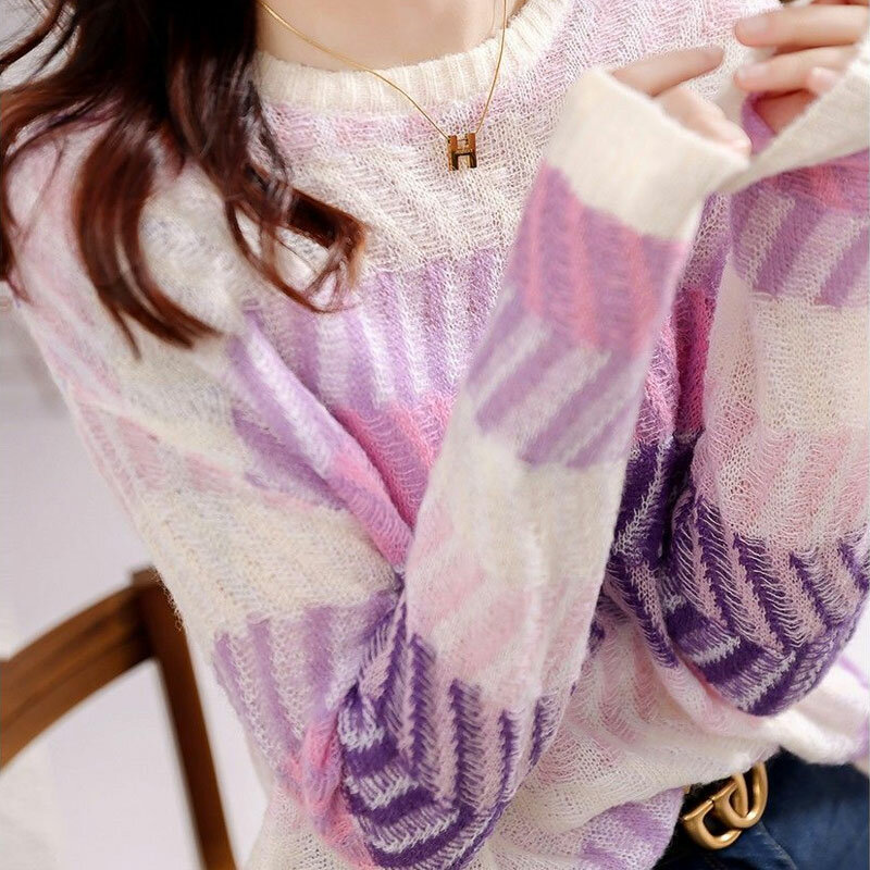 Sweter Floral Bergelombang Pakaian Wanita Amusim Gugur Musim Dingin Baru Lengan Panjang Kasual Leher Bulat Longgar Bermutu Tinggi Chic Pakaian Rajut Korea