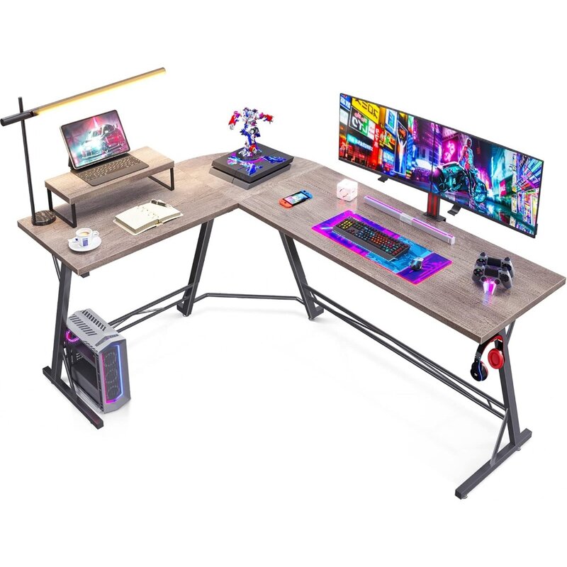 Casaottima meja game bentuk L, meja komputer, meja sudut untuk rumah kantor dengan dudukan Monitor 66 ", Oak abu-abu