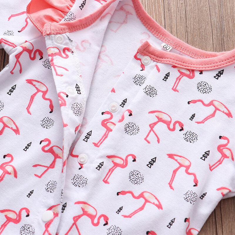 Adorable 2Pcs Baby Girls Long Sleeve Romper Cotton Ruffle Sets Flamingo Print Jumpsuit Headband Newborn Clothes Princess Outfits