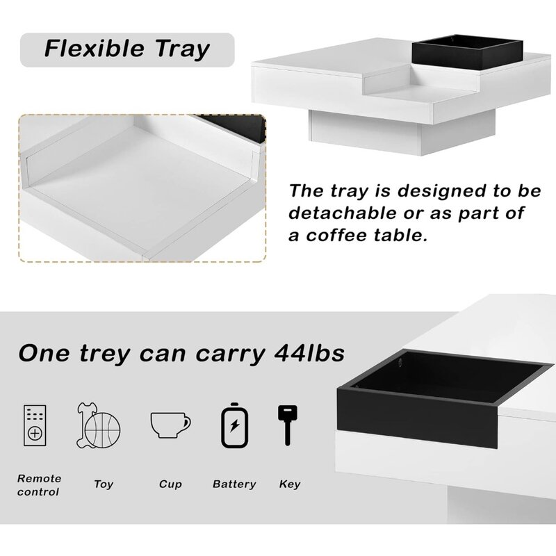 31.5Modern Square LED Coffee Table with 16 Colors,Modern Minimalist Square Cocktail Table Detachable Tray Plug for Living Room