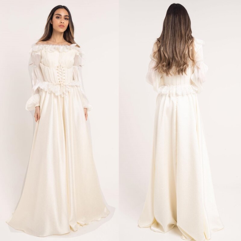 Gaun Prom Arab Saudi gaun Prom Satin Arab Saudi Pleat Natal A-line Off-the-shoulder Bespoke gaun acara gaun panjang