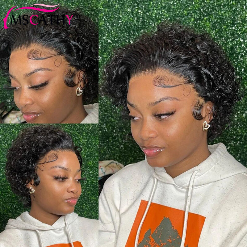 Pixie Cut Curly Human Hair Wigs for Black Women Preplucked Brazilian Remy Short Bob Natural Black Colored Wig with Baby Hairline