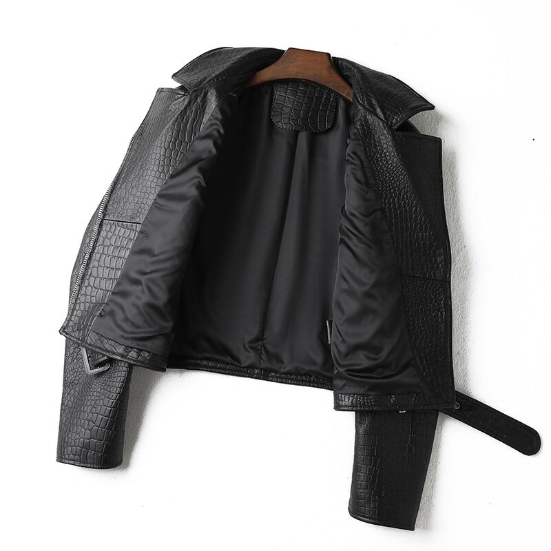 Jaket kulit asli baru jaket kulit domba buaya desain timbul longgar pas untuk motor gaya jaket kulit, jaket wanita