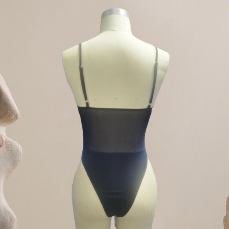 Pakaian pantai seksi bergaya wanita leher-v sambungan jala Monokini pakaian renang pantai mulus dengan kontrol perut bungkus pinggang tinggi ikat belakang