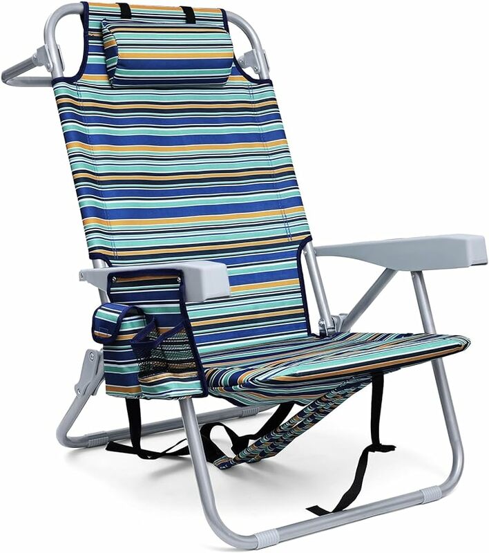Kursi pantai ransel untuk orang dewasa, kursi pantai lipat dengan 4 posisi, kursi pantai tugas berat dengan dukungan kantong pendingin besar