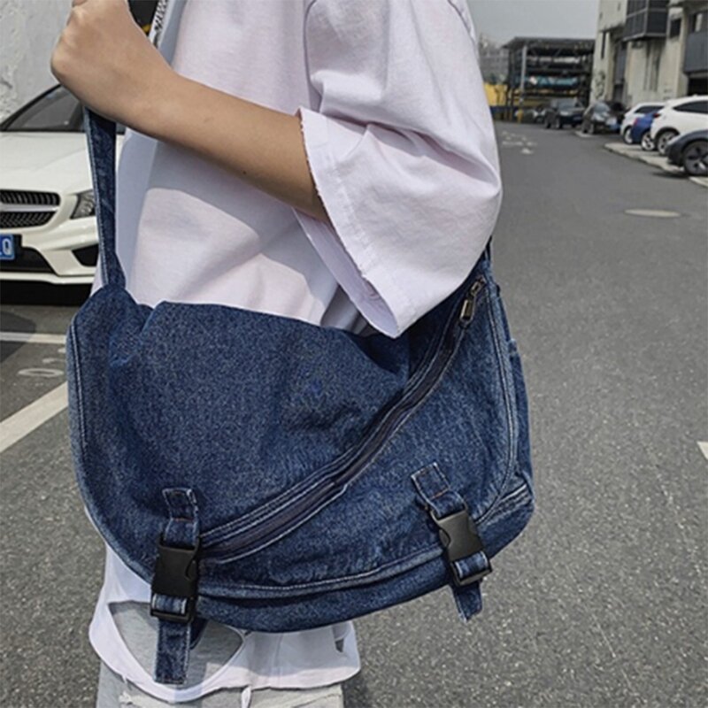 Borsa a tracolla per utensili in Denim lavato borsa a tracolla sportiva per studenti di strada di personalità per uomini e donne blu scuro