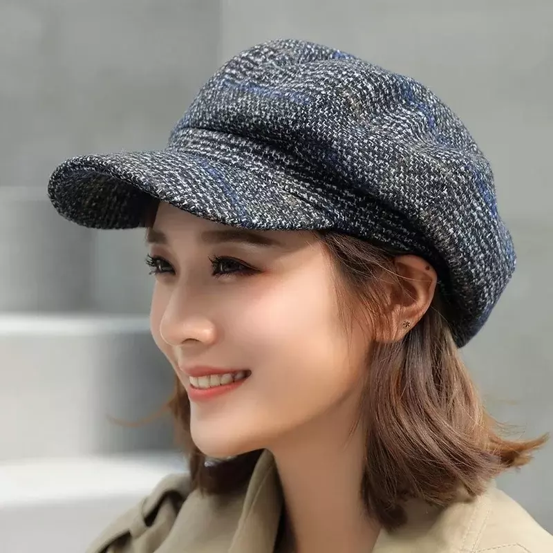 2024 New Color-blocking Tide regolabile pittore cappello ottagonale donna primavera berretto da strillone femminile Plaid Vintage Fashion Casual Hat