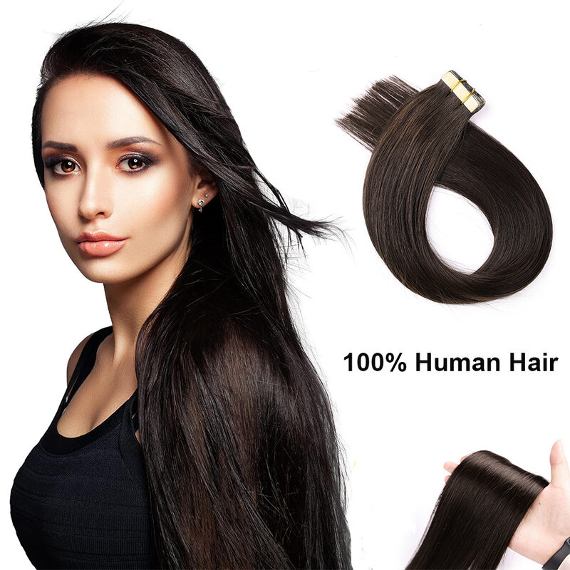 Rechte Tape In Hair Extensions Menselijk Haar Naadloze Onzichtbare Donkerbruine #2 Tape In Extensions 20 Stks/pak 50G Gratis Verzending