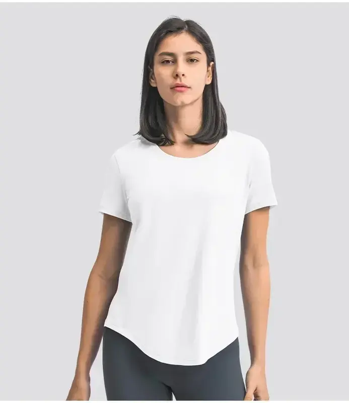 Lemon-T-shirt de yoga respirant à manches courtes pour femme, ourlet incurvé, décontracté, élastique, séchage rapide, fitness, course à pied, vêtements de sport