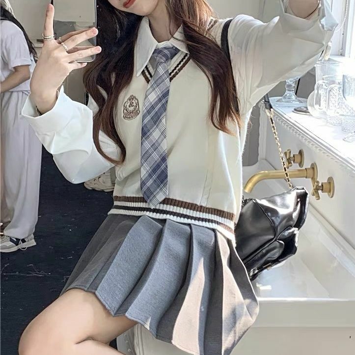Giappone corea College Jk uniforme vestito donna maglia maglia camicia gonna a pieghe Set 3 pezzi America College Style uniforme scolastica Set