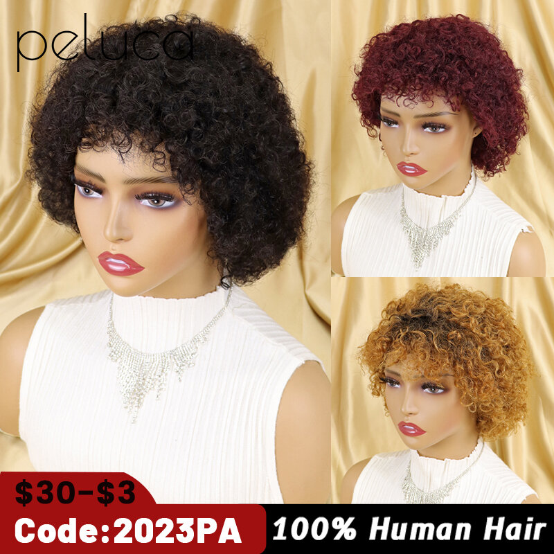Peluca de cabello humano rizado Afro 100% esponjoso con flequillo, pelo Natural corto Bob para mujeres negras, 180% de densidad, máquina completa