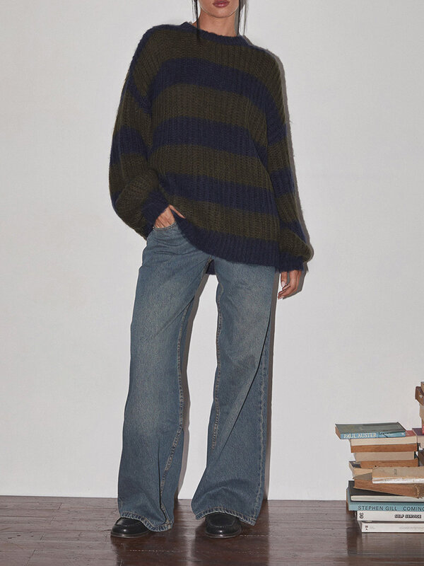 Bloco de cores listrado feminino Suéter grande, manga comprida, gola redonda, casual, ajuste solto, pulôver de malha, tops de suéter
