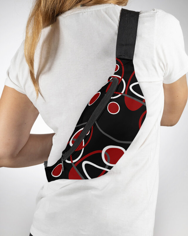 Riñonera impermeable para hombre y mujer, bolsa de cintura con diseño geométrico abstracto, color rojo y negro, ideal para teléfono móvil