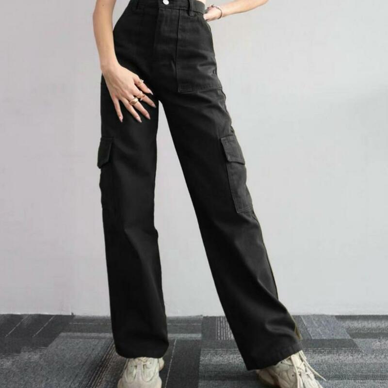 Calças femininas de perna reta, calças elegantes cargo, monocromáticas, cintura alta, bolsos múltiplos, streetwear