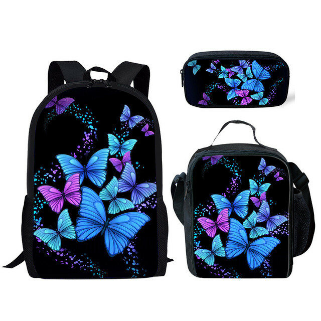 Beautyful-mochila con estampado 3D de animales y mariposas para ordenador portátil, mochilas escolares clásicas y creativas para pupilas, lonchera, estuche para lápices, 3 unidades por juego