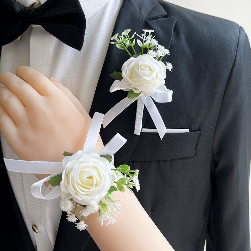 Белые шелковые розы, Детская бутоньерка, свадебные аксессуары, браслеты на запястье, браслеты для подружек невесты, искусственные цветы, бутоны