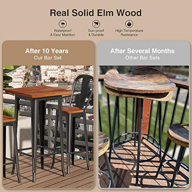 Set meja dan kursi Bar, meja Pub dan kursi Set 2, dengan kayu padat Elm dan bingkai logam tebal