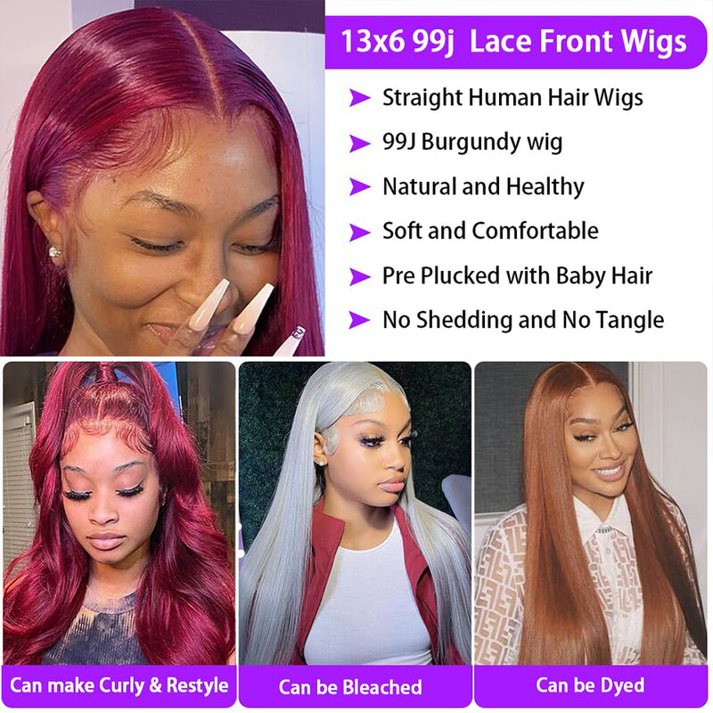 99j Burgundy Lace Front Wigs Human Hair 13x6 HD Glueless Straight Lace Frontal Wigs 99J 180% Density Brazilian Virgin Human Hair