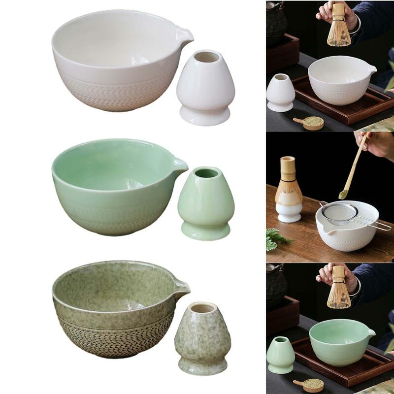 2 Pieces Ceramic Matcha Bowls with Whisk Holder Tea Bowl with Pouring Spout for Traditional Ceremonial Home Bedroom Tea Ceremony