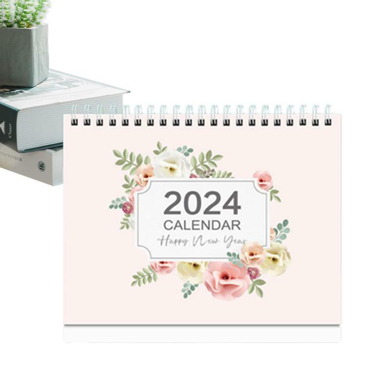 Espiral Stand Up calendário decorativo com 12 meses de mesa portátil, calendário floral mensal e mensal bonito, 2024