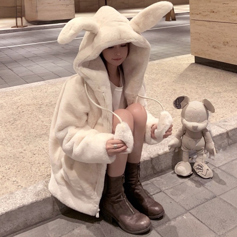 2023พลัสกำมะหยี่เบาะซิปแจ็คเก็ตฤดูหนาวขนาดใหญ่นุ่ม Harajuku Kawaii Hooded กระต่ายหูตุ๊กตา Faux Cashmere Coat