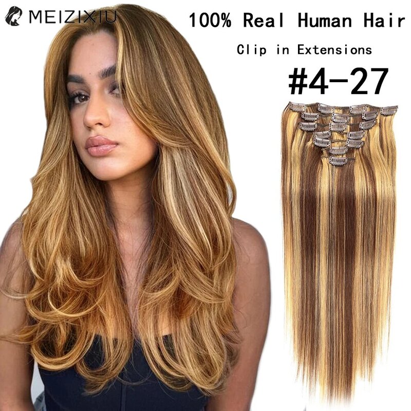 女性のための人間の髪の毛の延長クリップ,ブロンド,ストレート,100% 本物,24インチ,7個