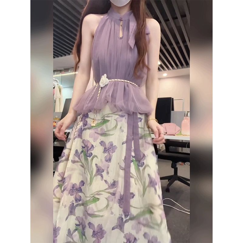 Женское платье, Новинка лета 2024, нежный яркий фиолетовый газовый топ с открытыми плечами и воротником-стойкой, Милая юбка с принтом