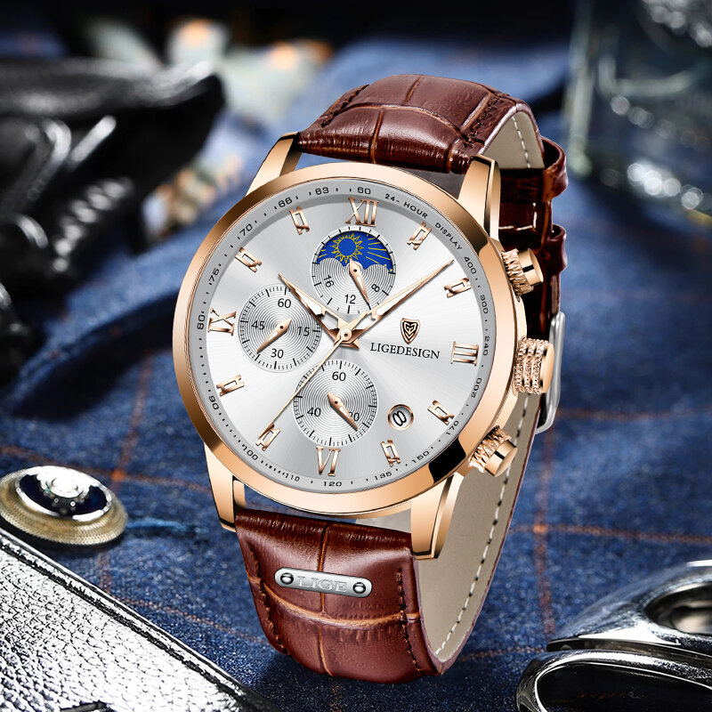Часы наручные LIGE Мужские кварцевые с хронографом, брендовые Роскошные спортивные водонепроницаемые в стиле милитари, с кожаным ремешком
