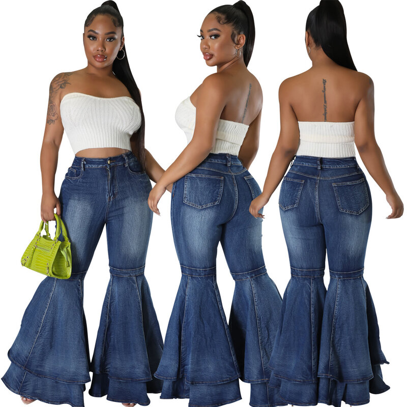 Women's Vintage Flare Jeans High Waist Stretch Denim Casual Solid Bodycon Work Long Bell Bottoms 2023 Fashion High Streetwear