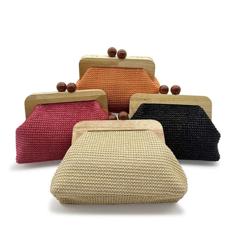 Fashion Wooden Clip Shell Clutch Bags for Women Straw Chains Shoulder Crossbody Bags Casual Summer Beach Bag Elegant Party Purse