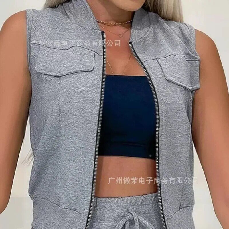 2024 Summer New Solid Color Two-Piece Suit Women's Sleeveless Zipper Vest Coat Top High Waist Drawstring Shorts Suit