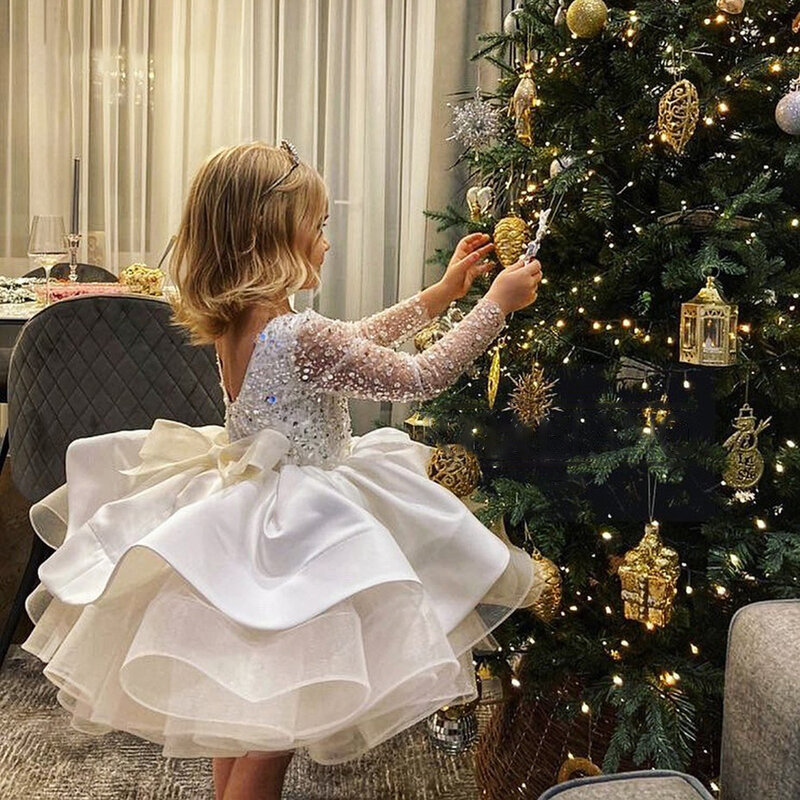 Małe dziewczynki świecący cekin sukienka z długim rękawem dla dzieci stroje urodzinowe dzieci formalny koktajl suknie na konkurs piękności kwiat sukienki dla dziewczynek