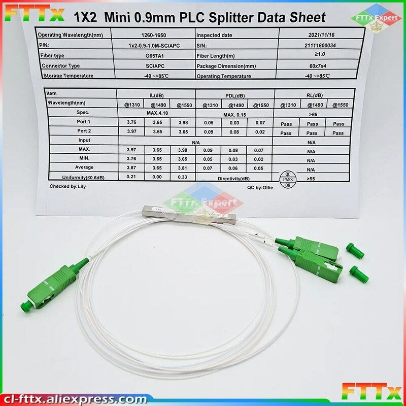 Divisor da fibra ótica do único modo, 1x2, 1x4, 1x8, 1x16, 1x32, PLC SC/APC, de alta qualidade, G657A1, LSZH, 1m, PVC, 5 PCes pelo lote