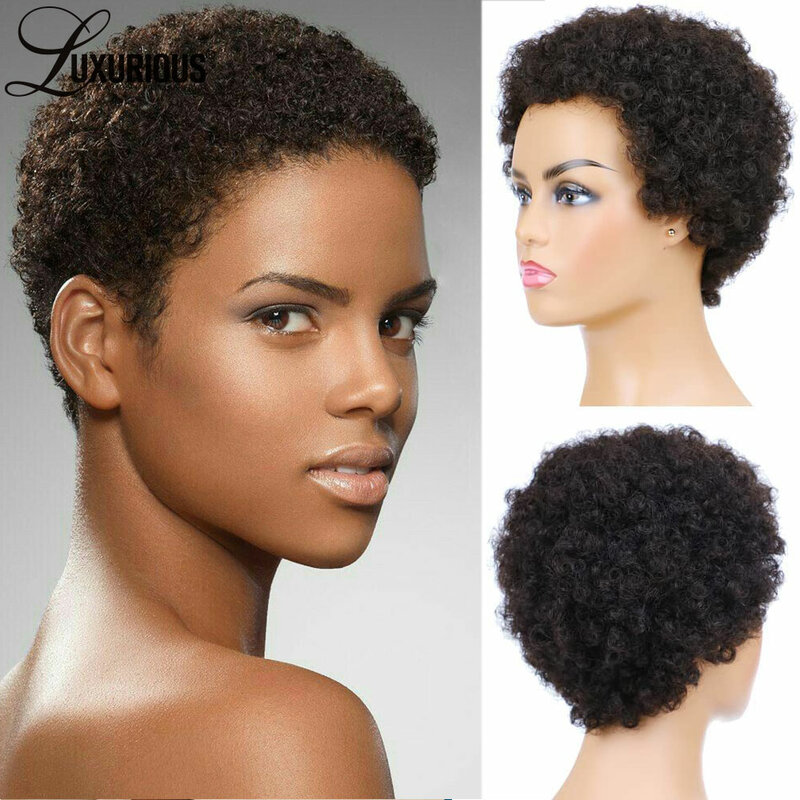 6 pollici Glueless Pixie Cut parrucche parrucca brasiliana vergine Remy dei capelli umani per le donne nere parrucche corte Afro crespi ricci fatte a macchina