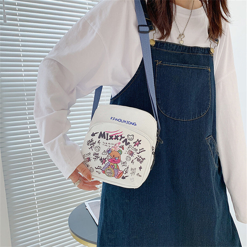 New Lovely Women's Canvas Bag Japanese Single Shoulder Pack Casual Cartoon Printing Crossbody Mobile Phone Package For Student
