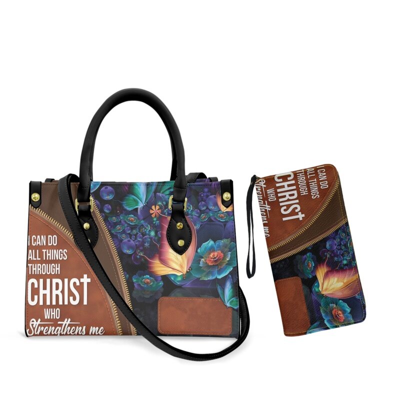 I Can Do All Things Through Christ Leather Bag Custom Name Butterfly Women Purse Sets Christian Gift For Women Handbags Purse