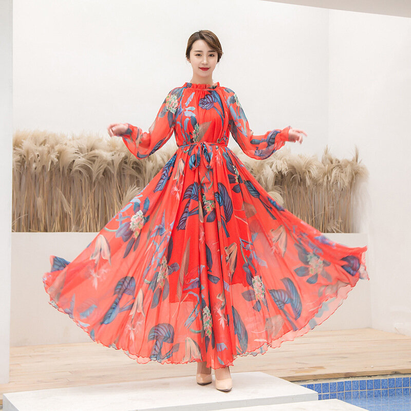 2024 Spring/Summer New Slimming Chiffon Long Sleeved Dress with Luxury Print 8 Meter Large Swing Skirt Vacation Style Beach