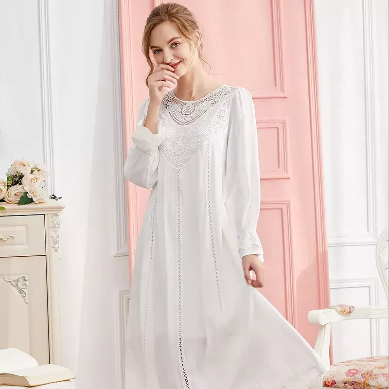Винтажная женская ночная рубашка с длинным рукавом, Дамская Длинная Ночная сорочка с вырезами на весну и осень, ночная рубашка во французском стиле для женщин