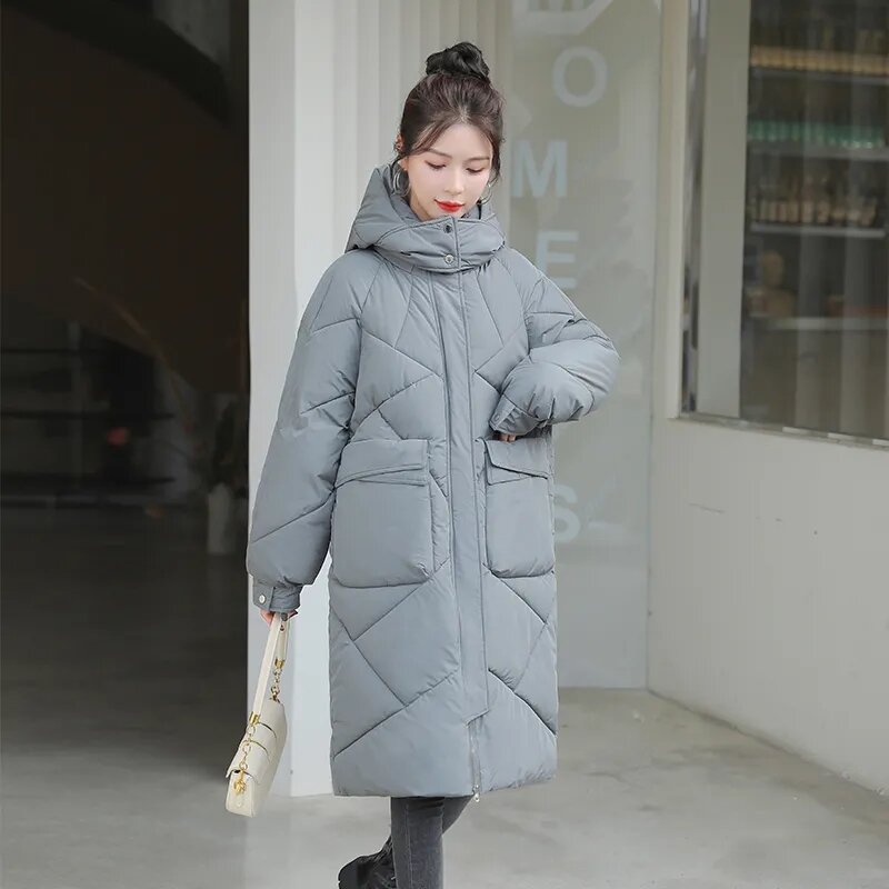 Jaket panjang Korea wanita, jaket musim dingin katun longgar netral, mantel bertudung atas lutut empuk, jaket parka tebal longgar Semua cocok 2023