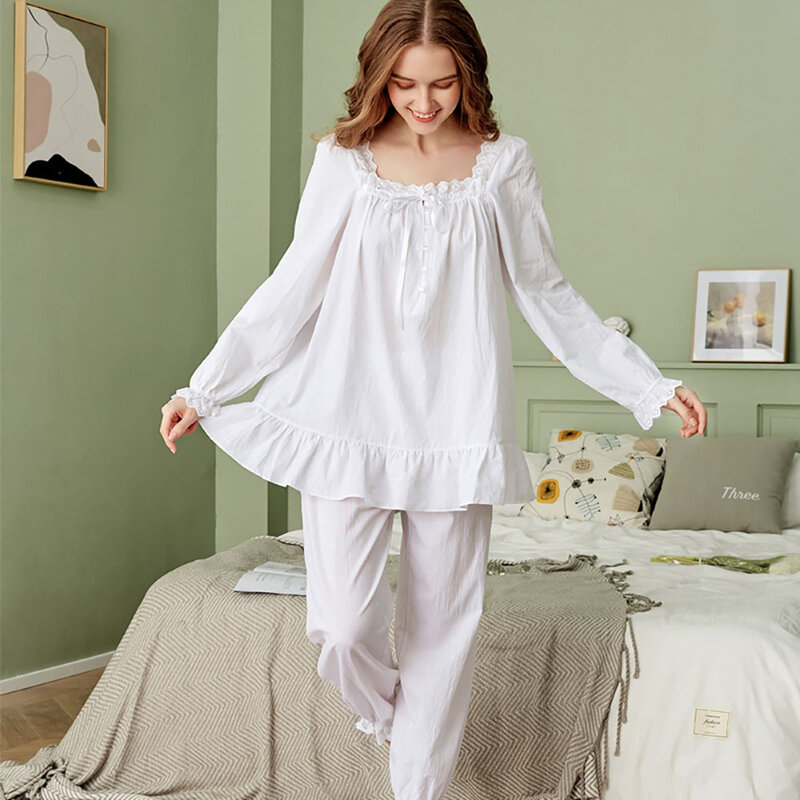 Cotton Long Sleeve Lace Sleepwear Suit Women Autumn Square Collar Pullover Oversized Pajamas White Loose Pants Lady Home Pyjamas