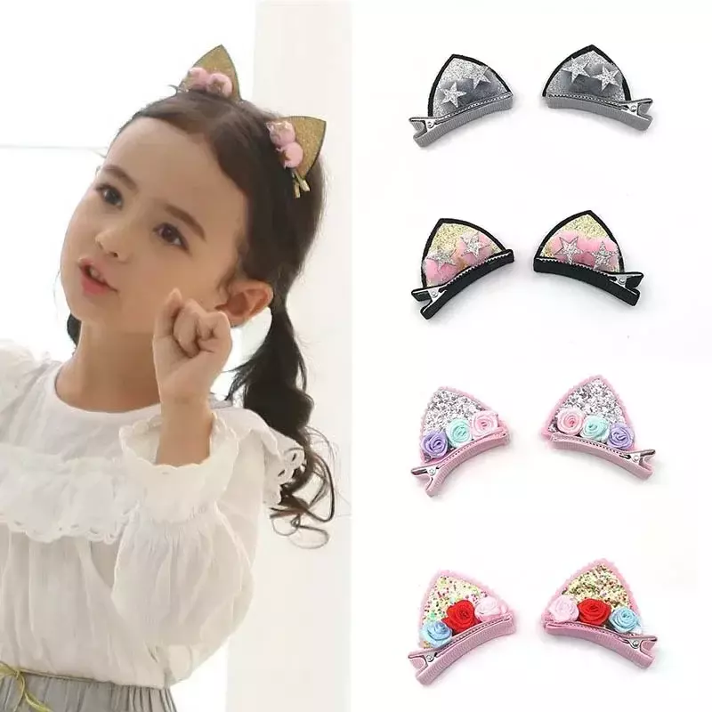 2Pcs Cute Cat Ear Hair Clips For Girls Glitter Rainbow Felt Fabric Flower Hairpins Barrettes Kids Headwear Baby Hair Accessories