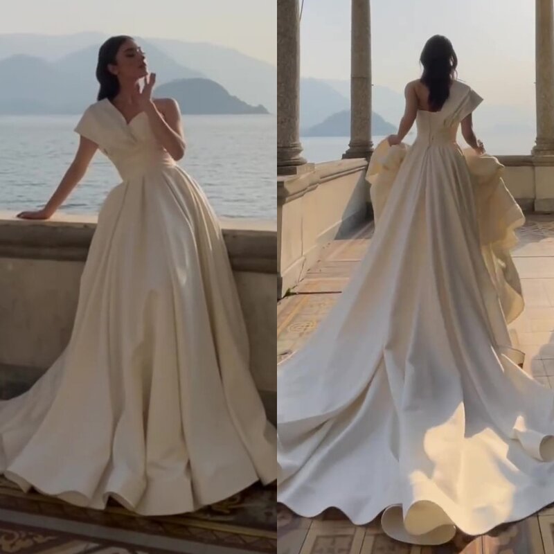 Prom Dress Saudi Arabia   Elegant One-shoulder Ball Gown Sweep Wedding Party Draped Open Back Satin Customized