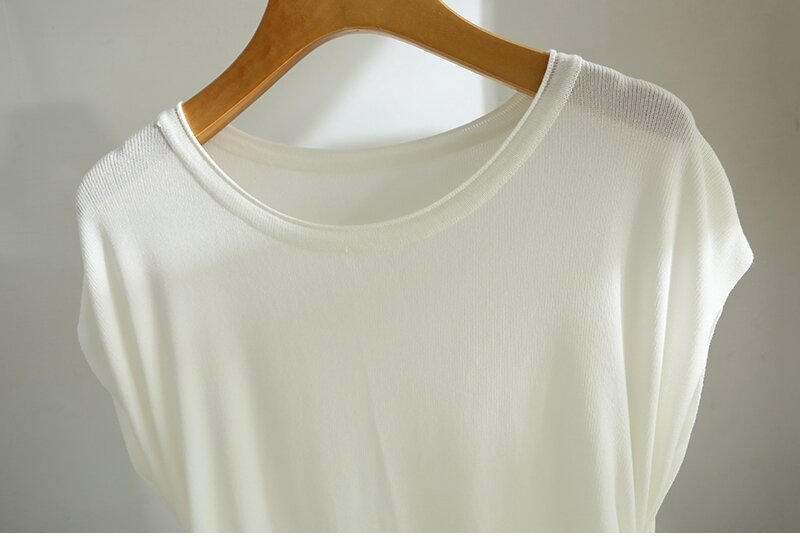 Женская летняя модная Однотонная футболка с коротким рукавом 2024, женский тонкий свитер, топы, футболки, женские вязаные футболки из вискозы X256