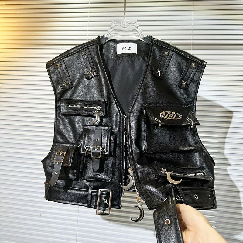 Harajuku Zipper rivet PU giacca in pelle per l'autunno e l'inverno con tasche multiple per abiti da lavoro gilet giacca per donna cappotto