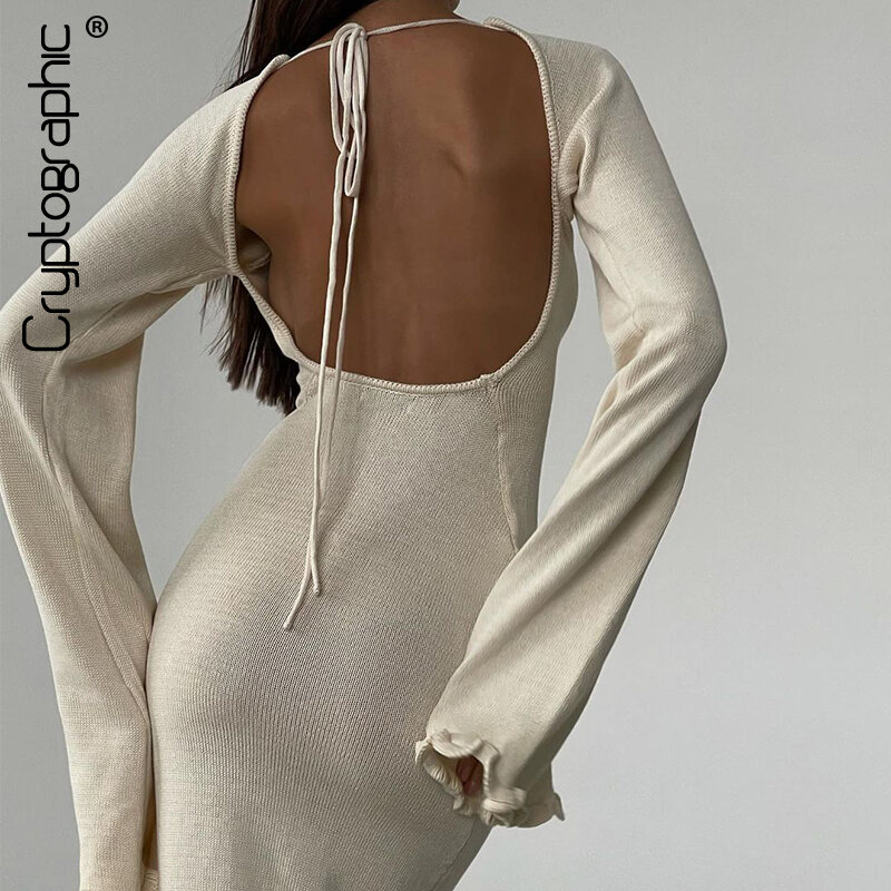 女性のための長くてエレガントなニットのセーターのマキシドレス,フレアスリーブのセクシーなドレス,裸の背中,食用の木の服