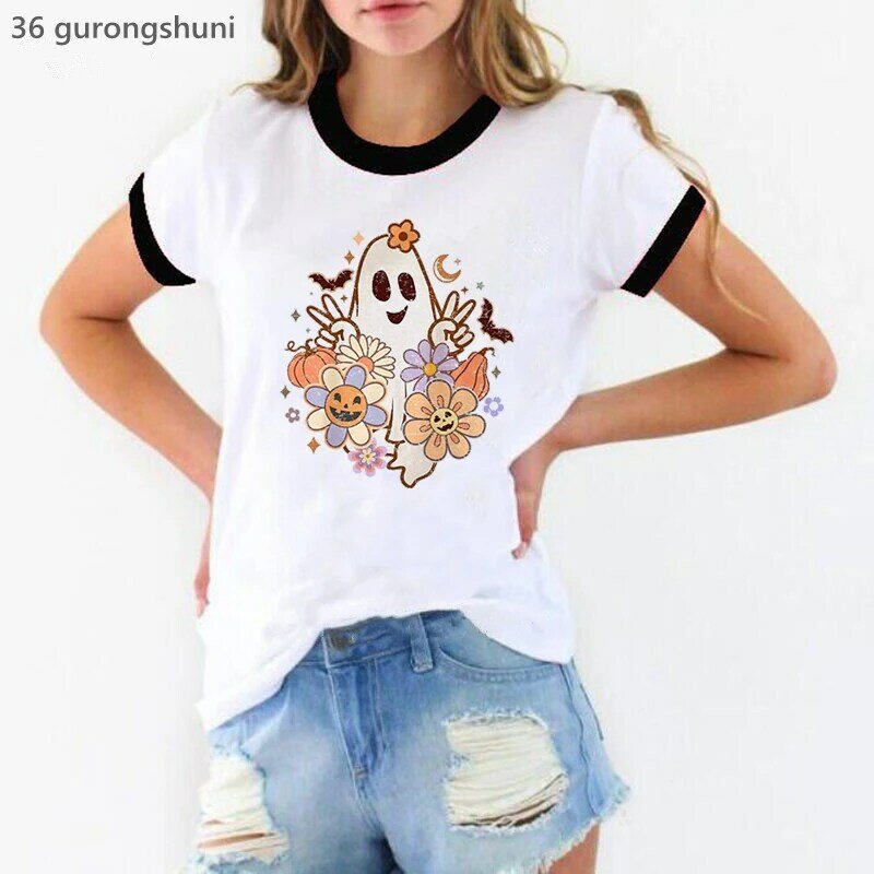 Upiorny sezon Boo wydruk graficzny Tshirt kobiety ubrania 2023 zabawny prezent na Halloween T koszula Femme Harajuku koszula Kawaii Streetwear