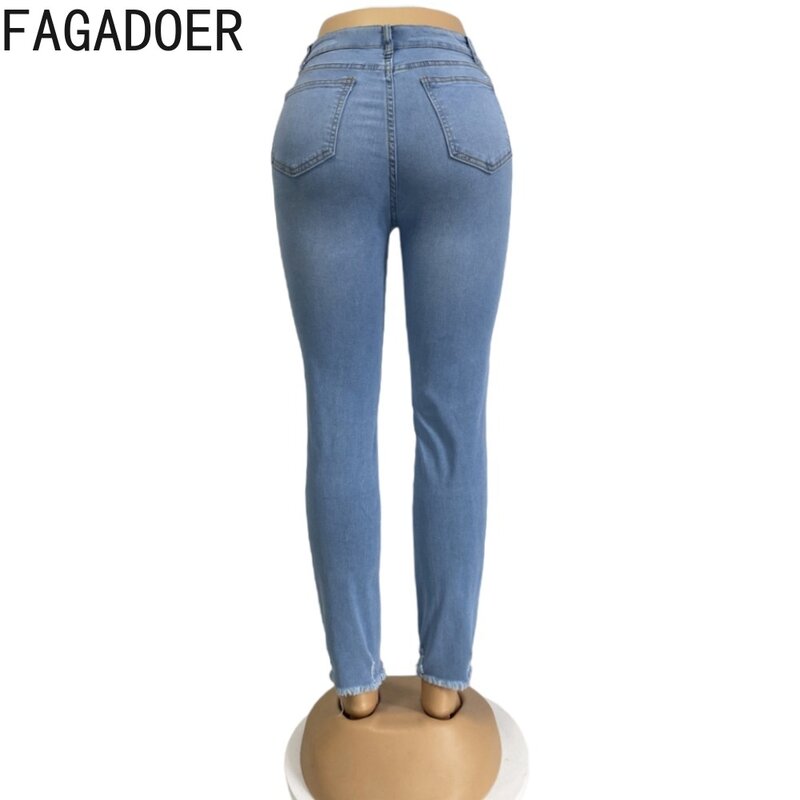 FAGADOER Blue Fashion Elasticity Denim Skinny Pencil Pants Women High Waisted Button Pocket Jean Trousers Female Cowboy Bottoms